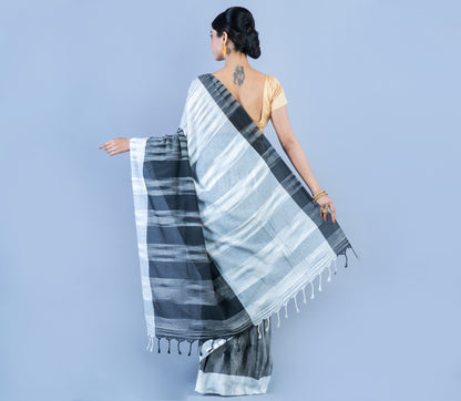 Handloom Cotton Saree - White & Black - ArtisanSoul