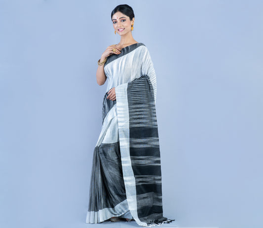 Handloom Cotton Saree - White & Black - ArtisanSoul