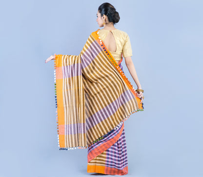 Handloom Cotton Checkered Saree - Blue With Orange Par - ArtisanSoul