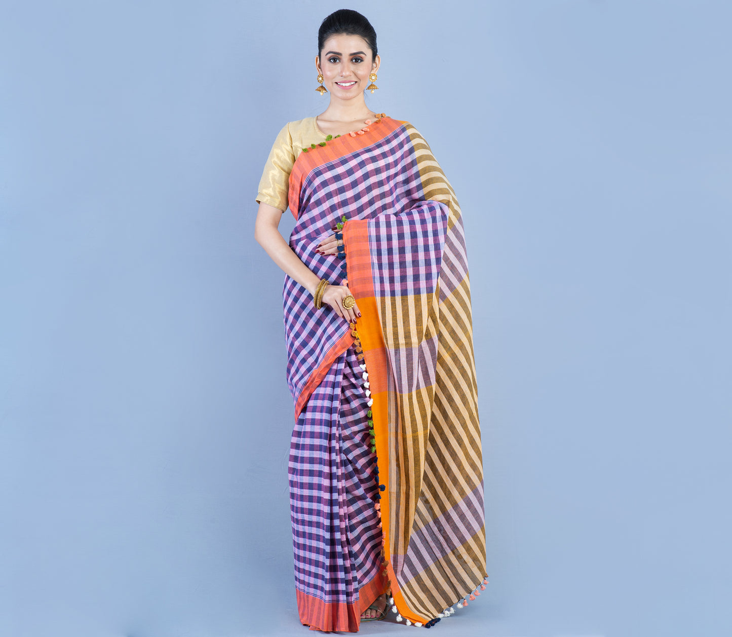 Handloom Cotton Checkered Saree - Blue With Orange Par - ArtisanSoul