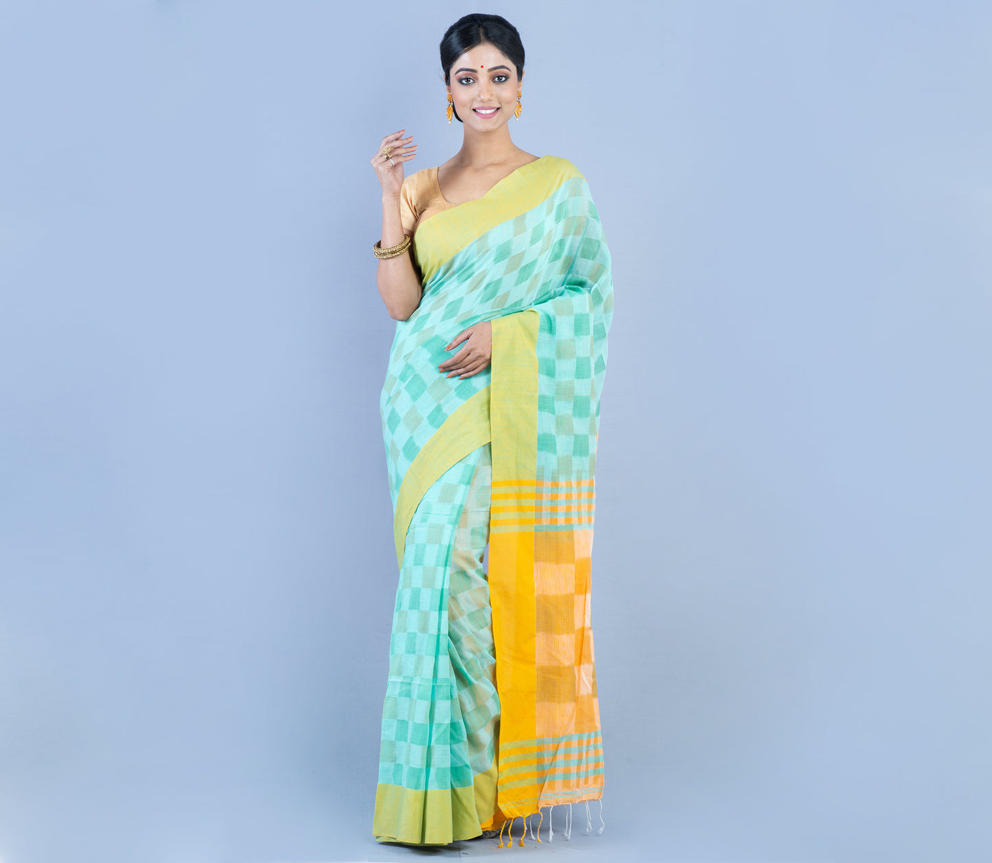 Handloom Cotton Saree With Jaba Kaj - Cyan Green & Yellow - ArtisanSoul