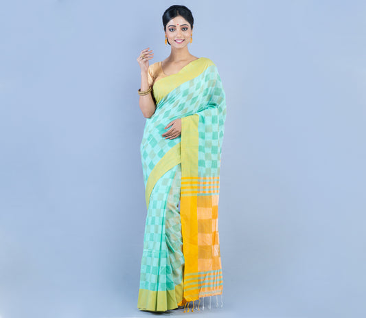 Handloom Cotton Saree With Jaba Kaj - Cyan Green & Yellow - ArtisanSoul