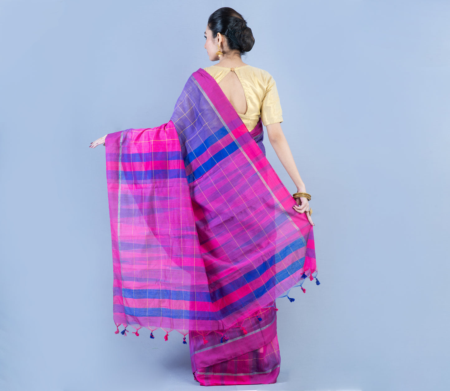 Handloom Silk Saree - Navy Blue On dark Pink - ArtisanSoul