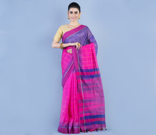 Handloom Silk Saree - Navy Blue On dark Pink - ArtisanSoul