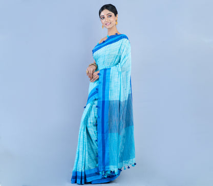 Handloom Cotton Saree - Sky Blue With Blue Par - ArtisanSoul