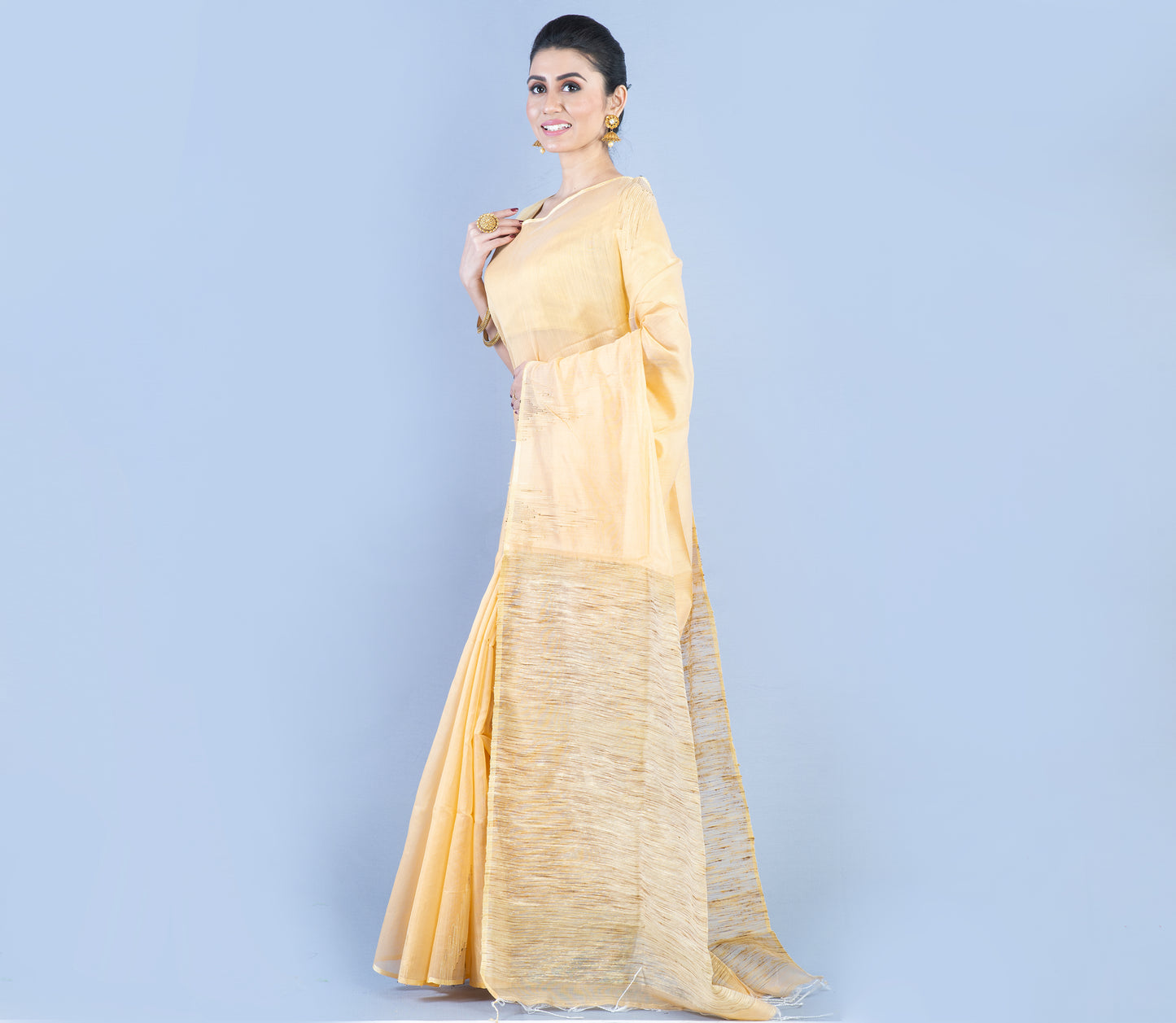 Handloom Saree With Gheecha Design On Anchal - Peach - ArtisanSoul