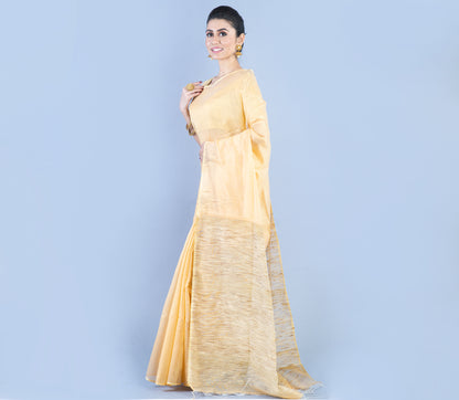 Handloom Saree With Gheecha Design On Anchal - Peach - ArtisanSoul