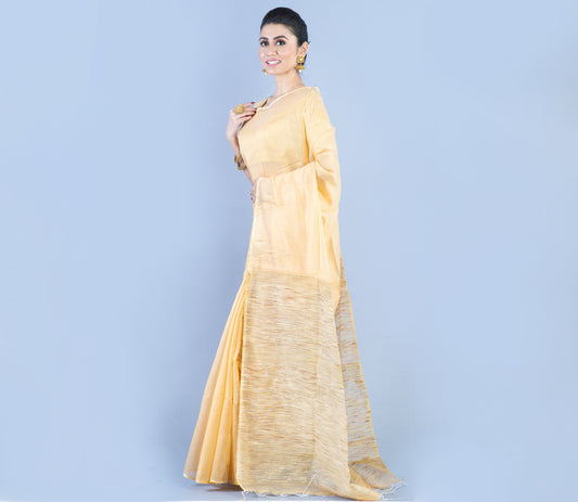 Handloom Saree With Gheecha Design On Anchal - Peach - ArtisanSoul