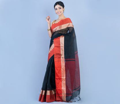 Tant Saree - Black with Red Par - ArtisanSoul
