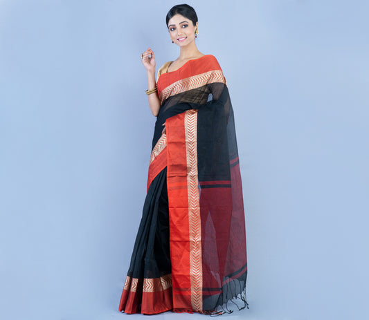 Tant Saree - Black with Red Par - ArtisanSoul