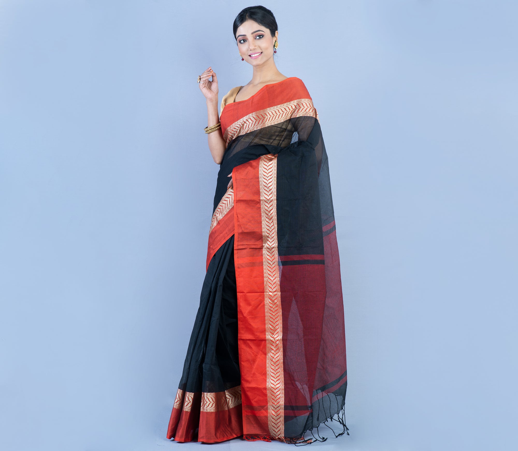 Black Golden Beige Handwoven Cotton Saree- Enchantress of The Far East –  Resham Suti