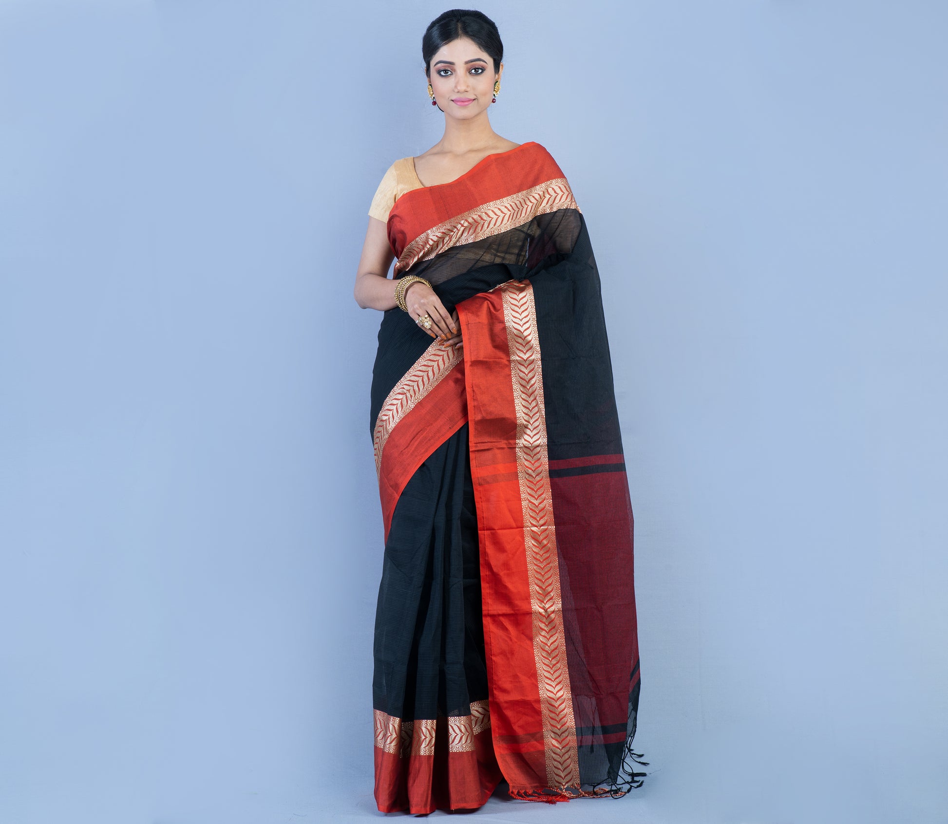 Tant Saree - Black with Red Par - ArtisanSoul