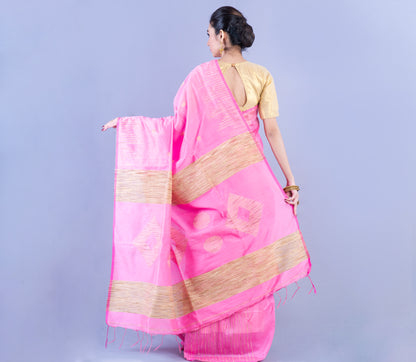 Handloom Saree With Gheecha Design Anchal - Pink - ArtisanSoul
