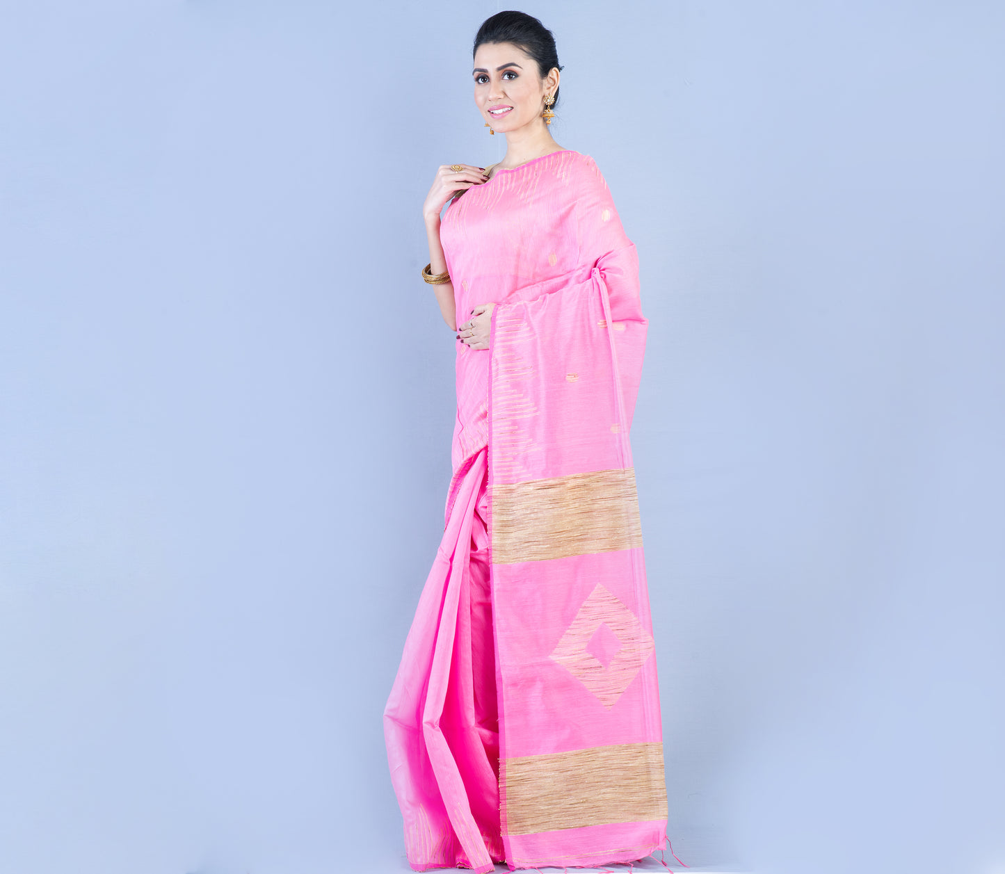 Handloom Saree With Gheecha Design Anchal - Pink - ArtisanSoul