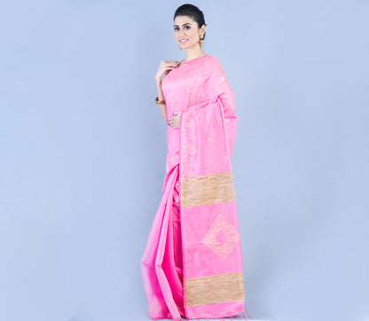 Handloom Saree With Gheecha Design Anchal - Pink - ArtisanSoul
