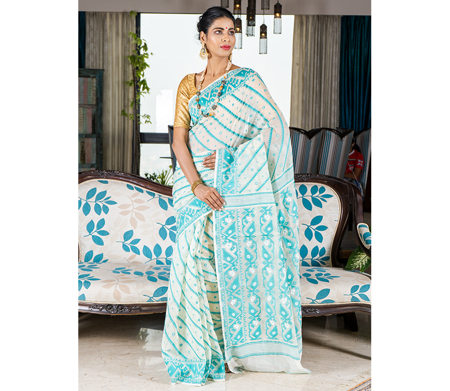 Handloom Jamdani Saree - Cyan Blue on White