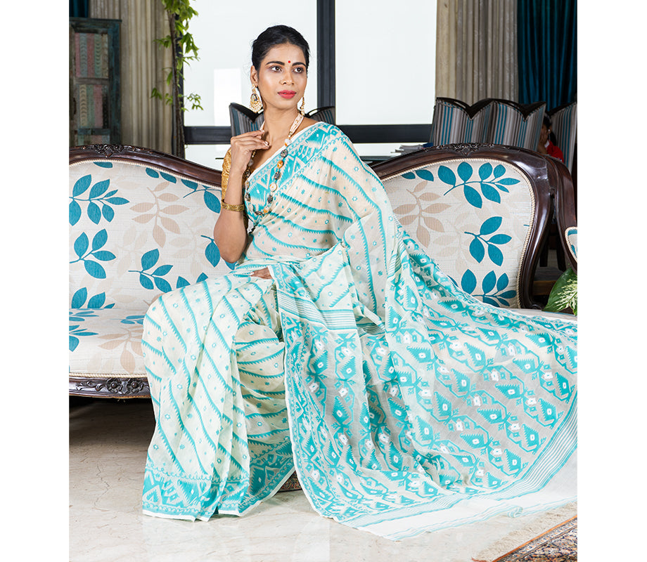 Handloom Jamdani Saree - Cyan Blue on White