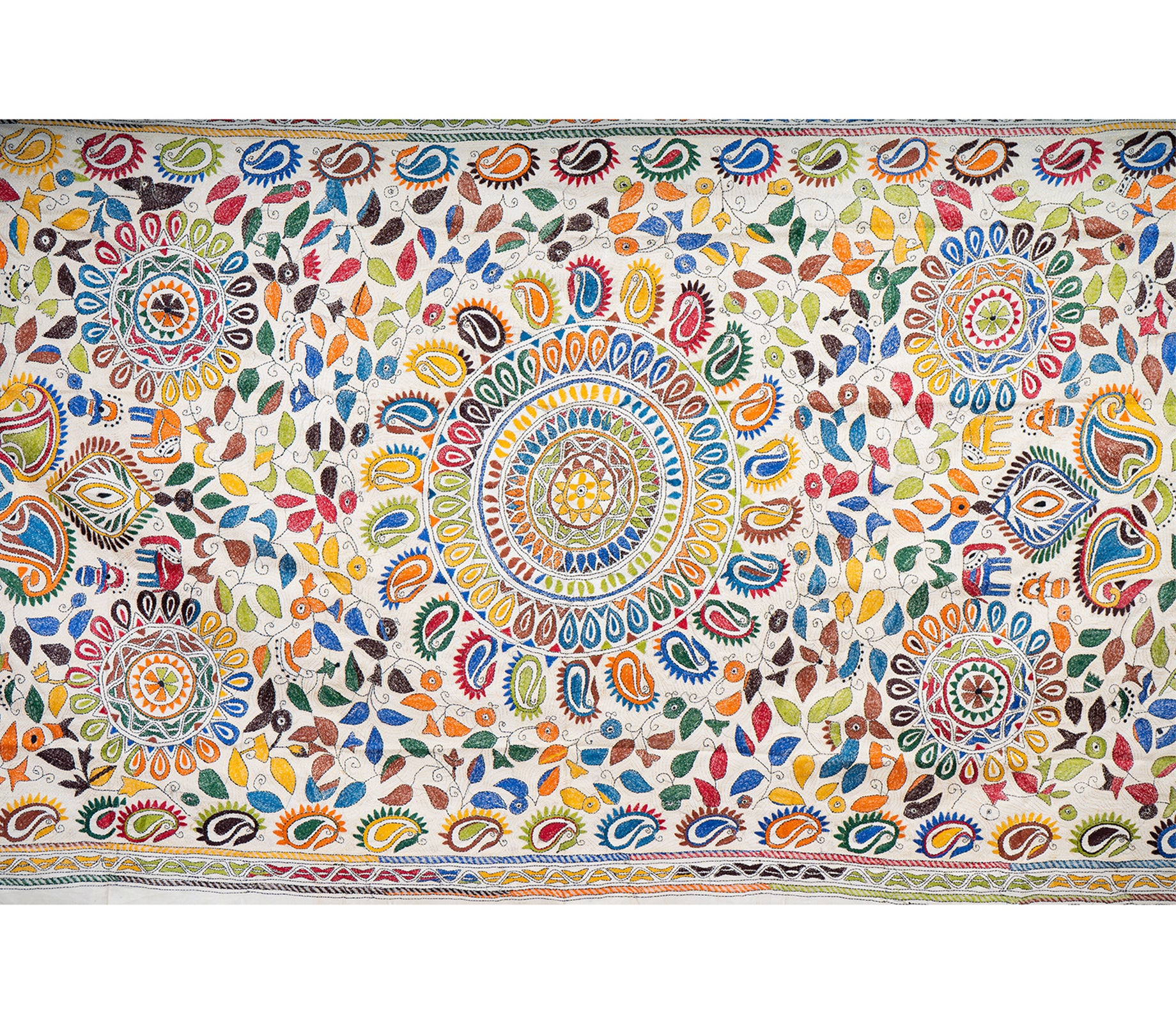 Kantha Stitched Dupatta on Tussar Base - Orange and Blue - ArtisanSoul