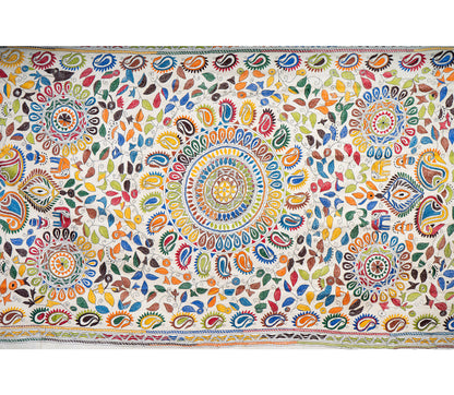 Kantha Stitched Dupatta on Tussar Base - Orange and Blue - ArtisanSoul