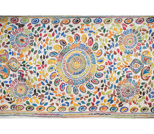 Kantha Stitched Dupatta on Tussar Base - Orange and Blue - ArtisanSoul