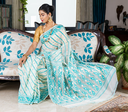 Handloom Jamdani Saree - Cyan Blue on White