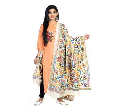 Kantha Stitched Dupatta on Tussar Base - Orange and Blue - ArtisanSoul