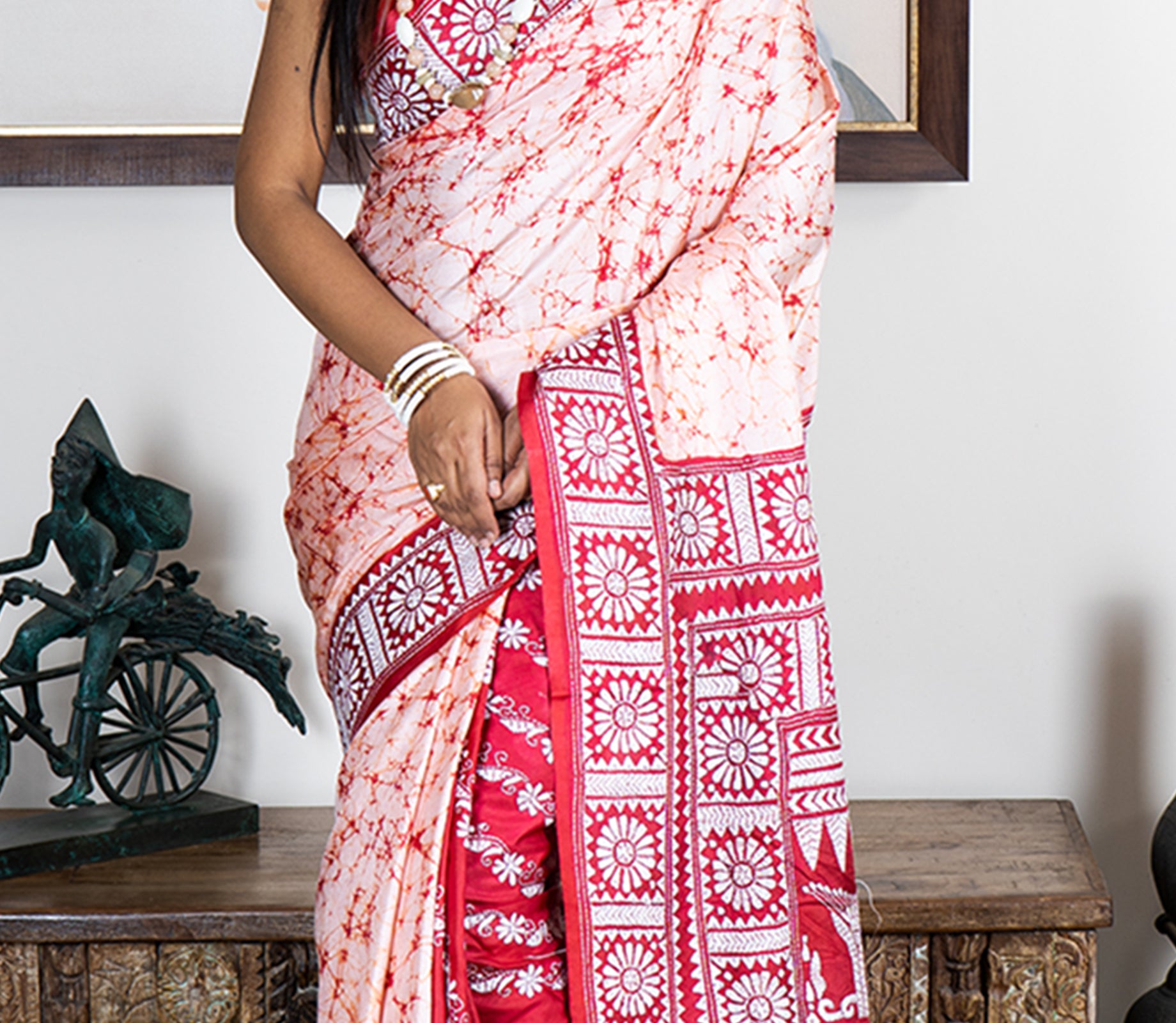 Kantha Stitch Work on Batik Printed Saree - Red & White - ArtisanSoul