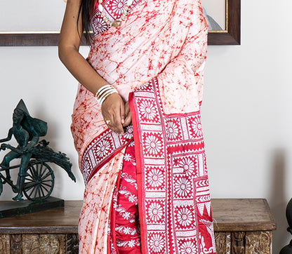 Kantha Stitch Work on Batik Printed Saree - Red & White - ArtisanSoul
