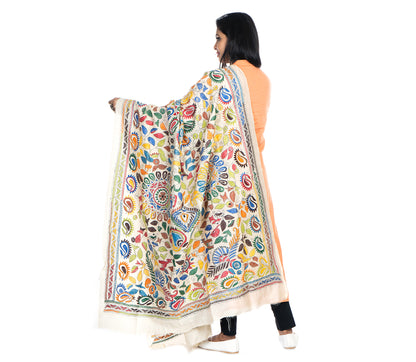 Kantha Stitched Dupatta on Tussar Base - Orange and Blue - ArtisanSoul