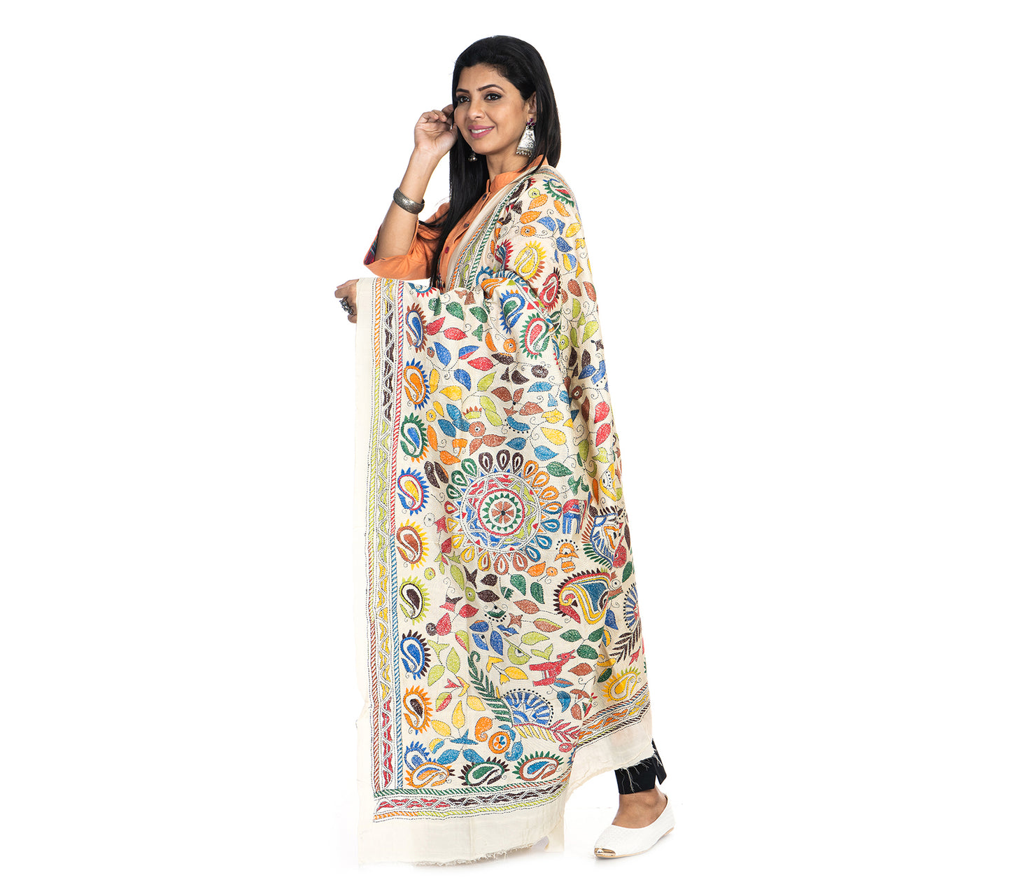 Kantha Stitched Dupatta on Tussar Base - Orange and Blue - ArtisanSoul