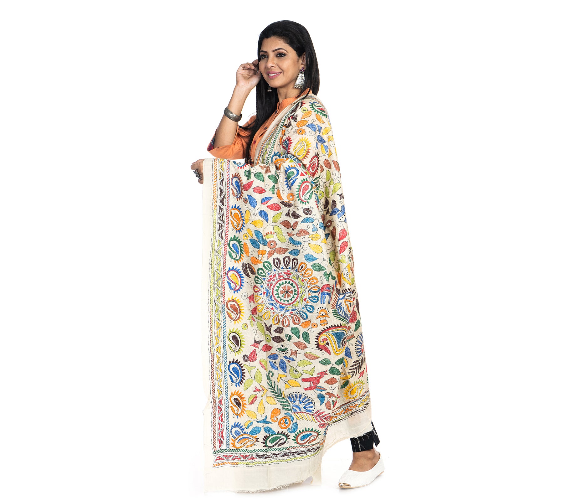 Kantha Stitched Dupatta on Tussar Base - Orange and Blue - ArtisanSoul