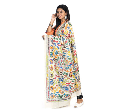 Kantha Stitched Dupatta on Tussar Base - Orange and Blue - ArtisanSoul