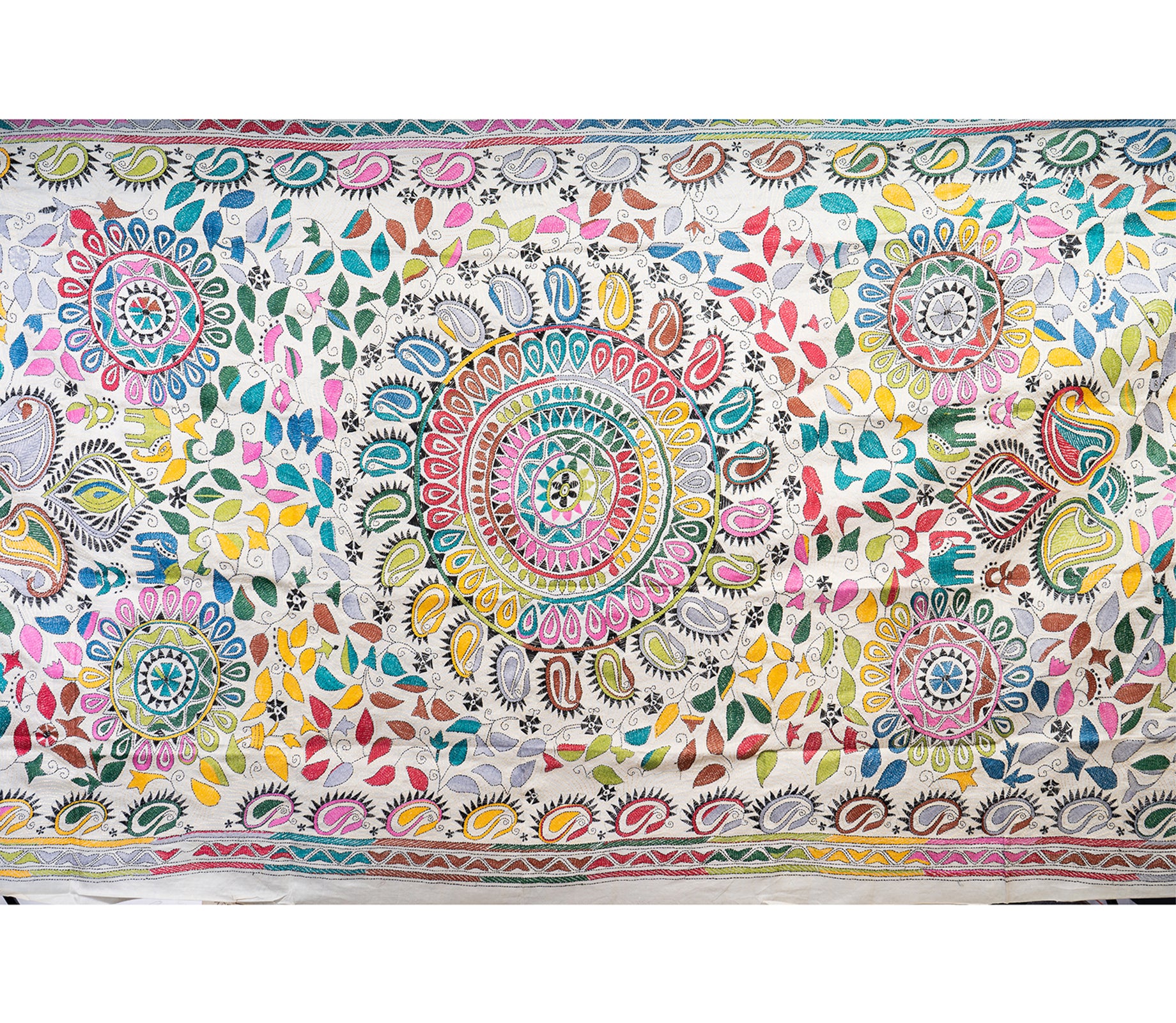 Kantha Stitched Dupatta on Tussar Base - Pink and Blue - ArtisanSoul