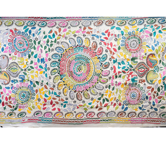 Kantha Stitched Dupatta on Tussar Base - Pink and Blue - ArtisanSoul