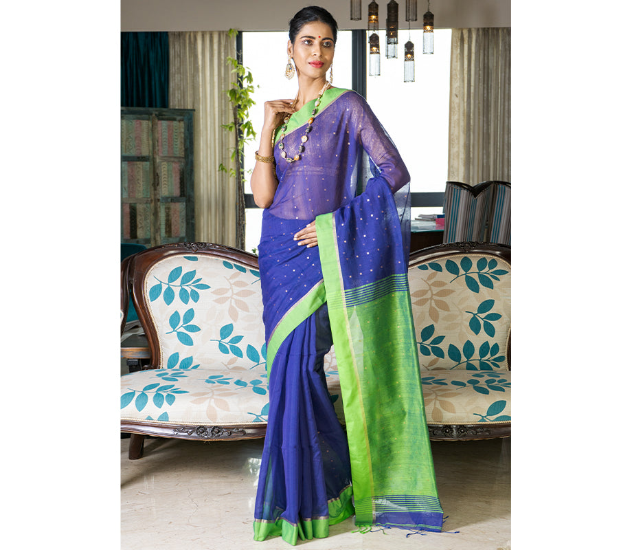Handloom saree with All Over Chumki Work - Green and Navy Blue - ArtisanSoul