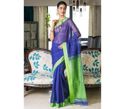 Handloom saree with All Over Chumki Work - Green and Navy Blue - ArtisanSoul
