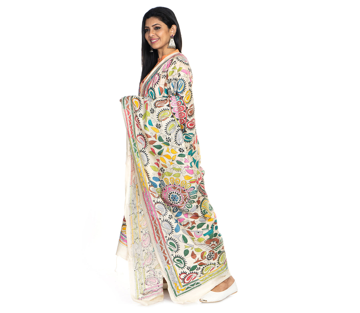 Kantha Stitched Dupatta on Tussar Base - Pink and Blue - ArtisanSoul