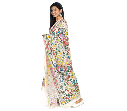 Kantha Stitched Dupatta on Tussar Base - Pink and Blue - ArtisanSoul