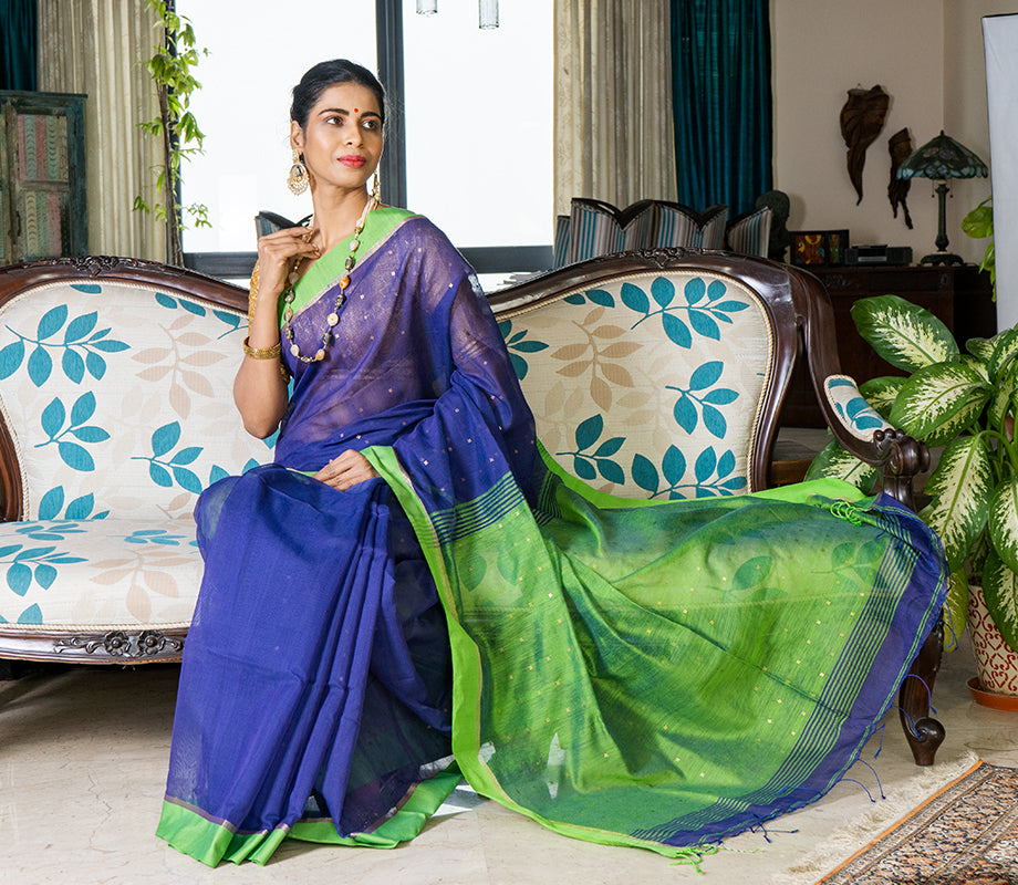 Handloom saree with All Over Chumki Work - Green and Navy Blue - ArtisanSoul