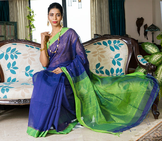 Handloom saree with All Over Chumki Work - Green and Navy Blue - ArtisanSoul
