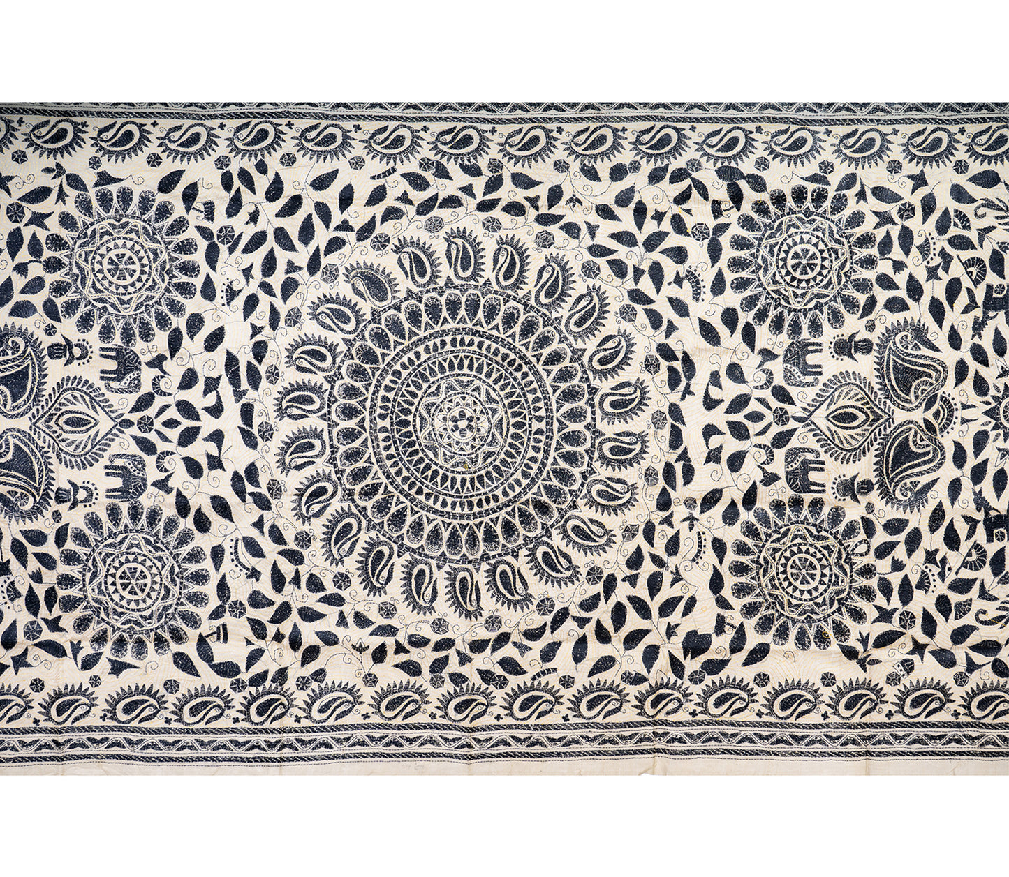 Kantha Stitched Dupatta on Tussar Base - Black Mandala - ArtisanSoul