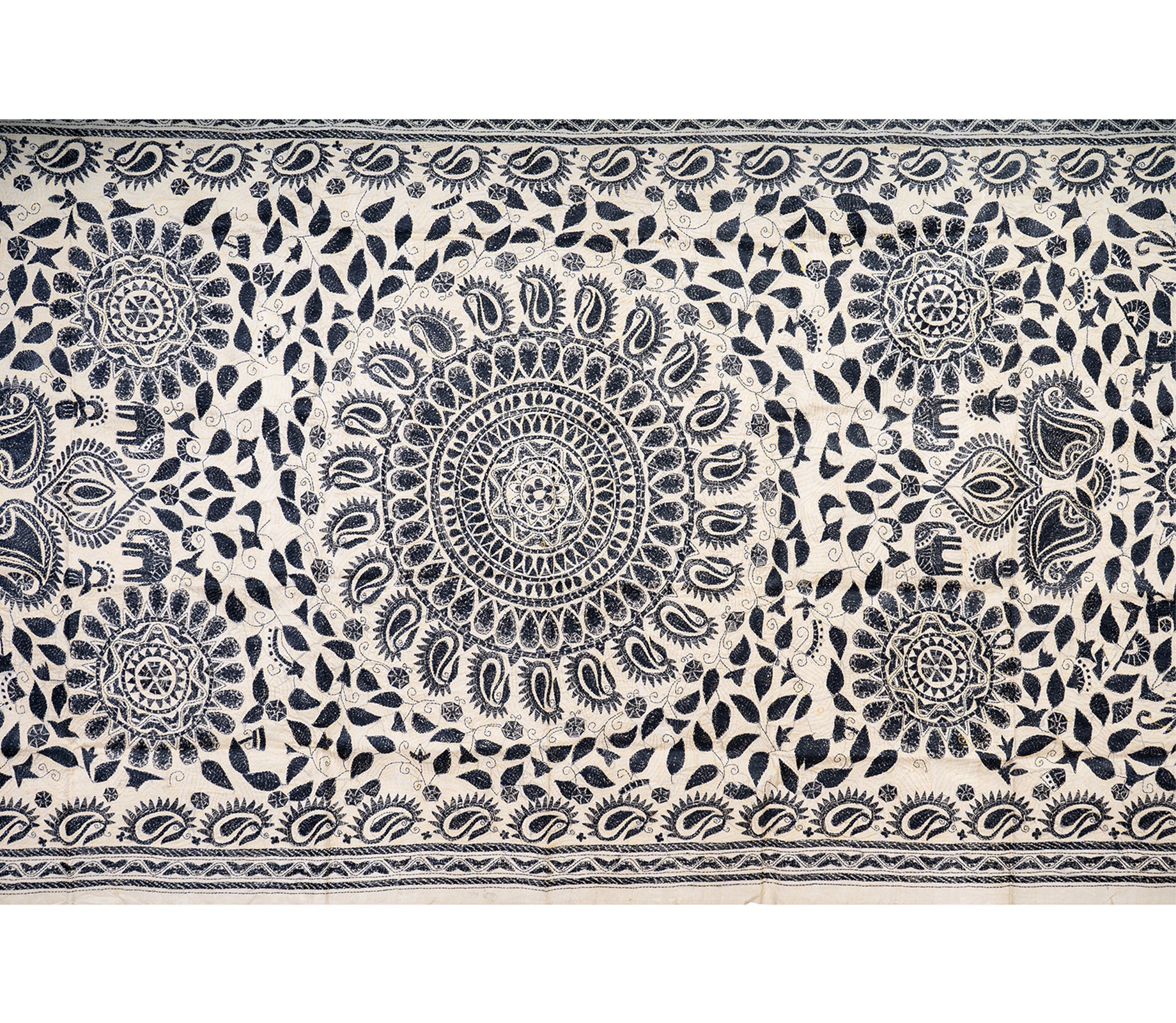 Kantha Stitched Dupatta on Tussar Base - Black Mandala - ArtisanSoul