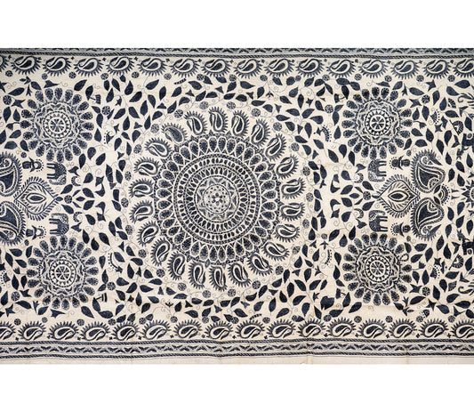 Kantha Stitched Dupatta on Tussar Base - Black Mandala - ArtisanSoul