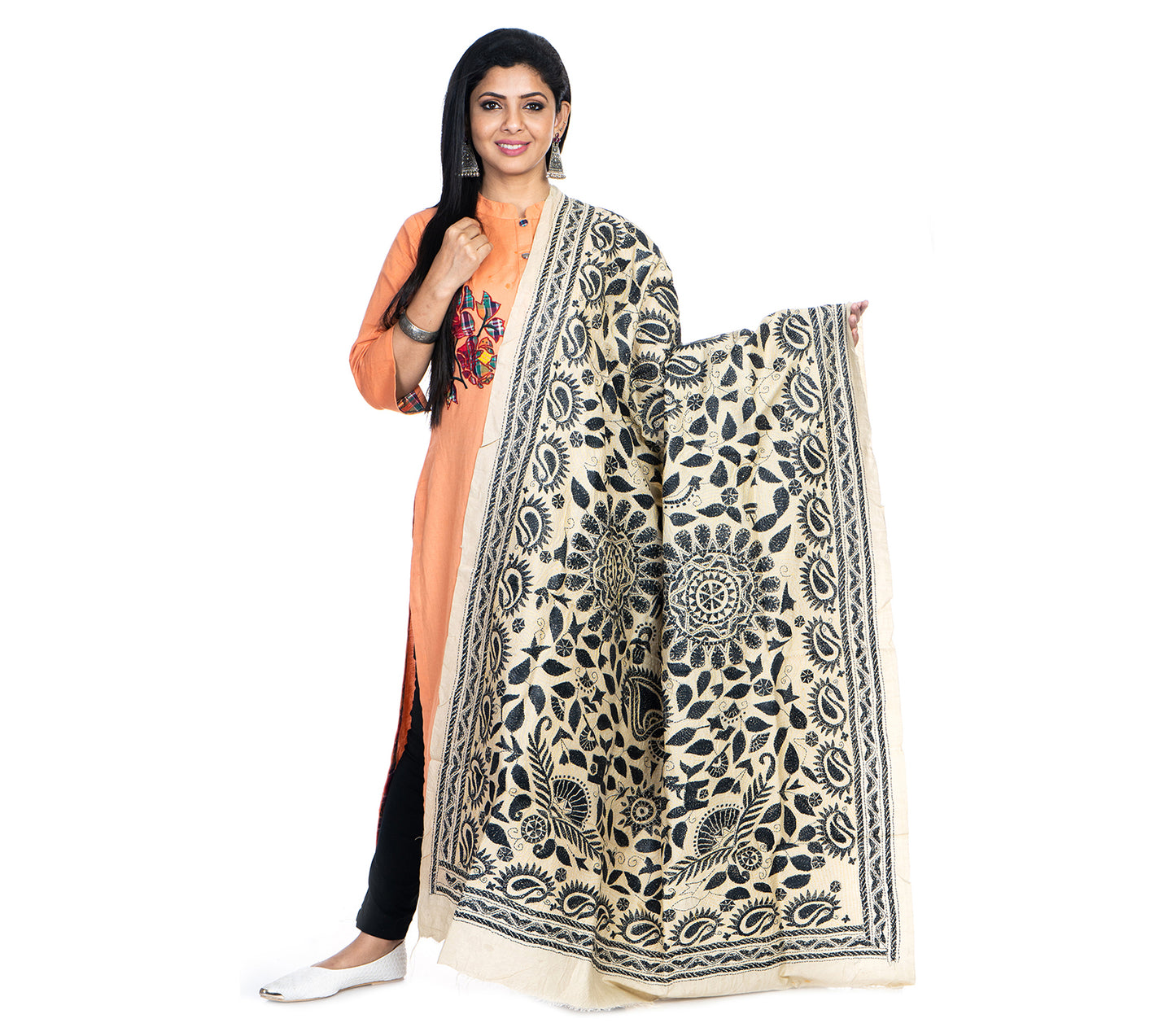 Kantha Stitched Dupatta on Tussar Base - Black Mandala - ArtisanSoul