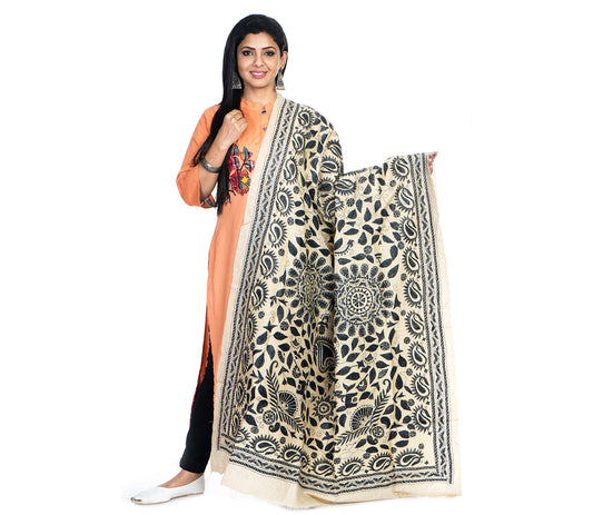 Kantha Stitched Dupatta on Tussar Base - Black Mandala - ArtisanSoul