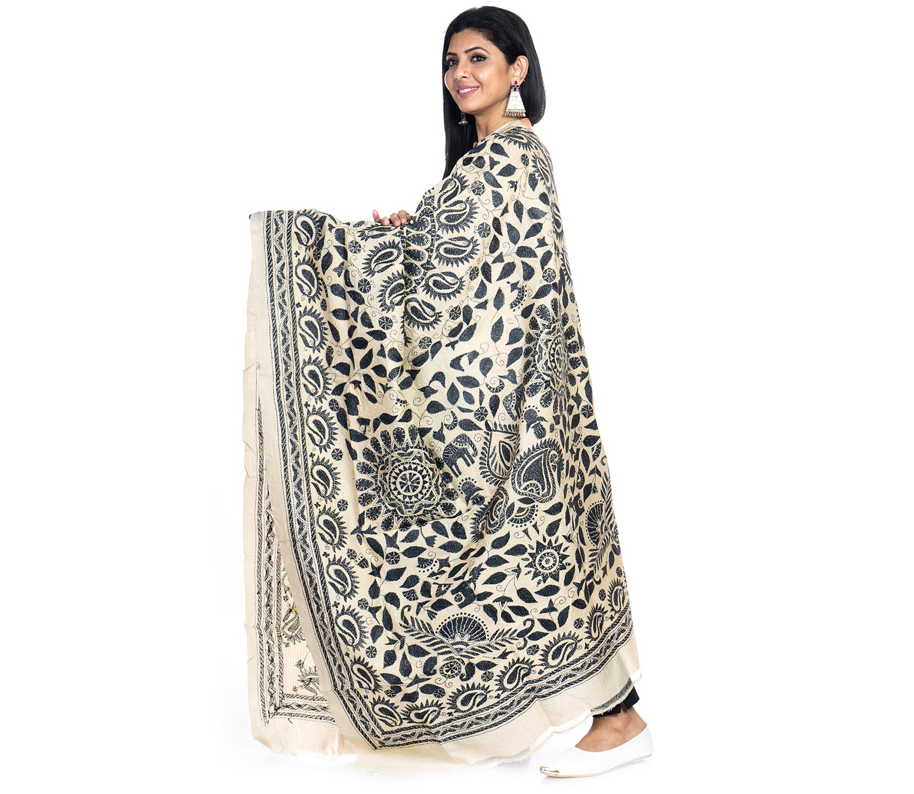Kantha Stitched Dupatta on Tussar Base - Black Mandala - ArtisanSoul