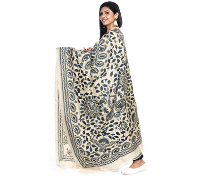 Kantha Stitched Dupatta on Tussar Base - Black Mandala - ArtisanSoul