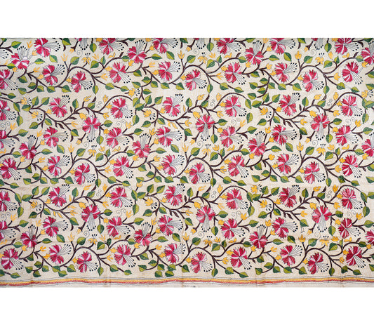 Kantha Stitched Dupatta on Tussar Base - Purple Flowers - ArtisanSoul