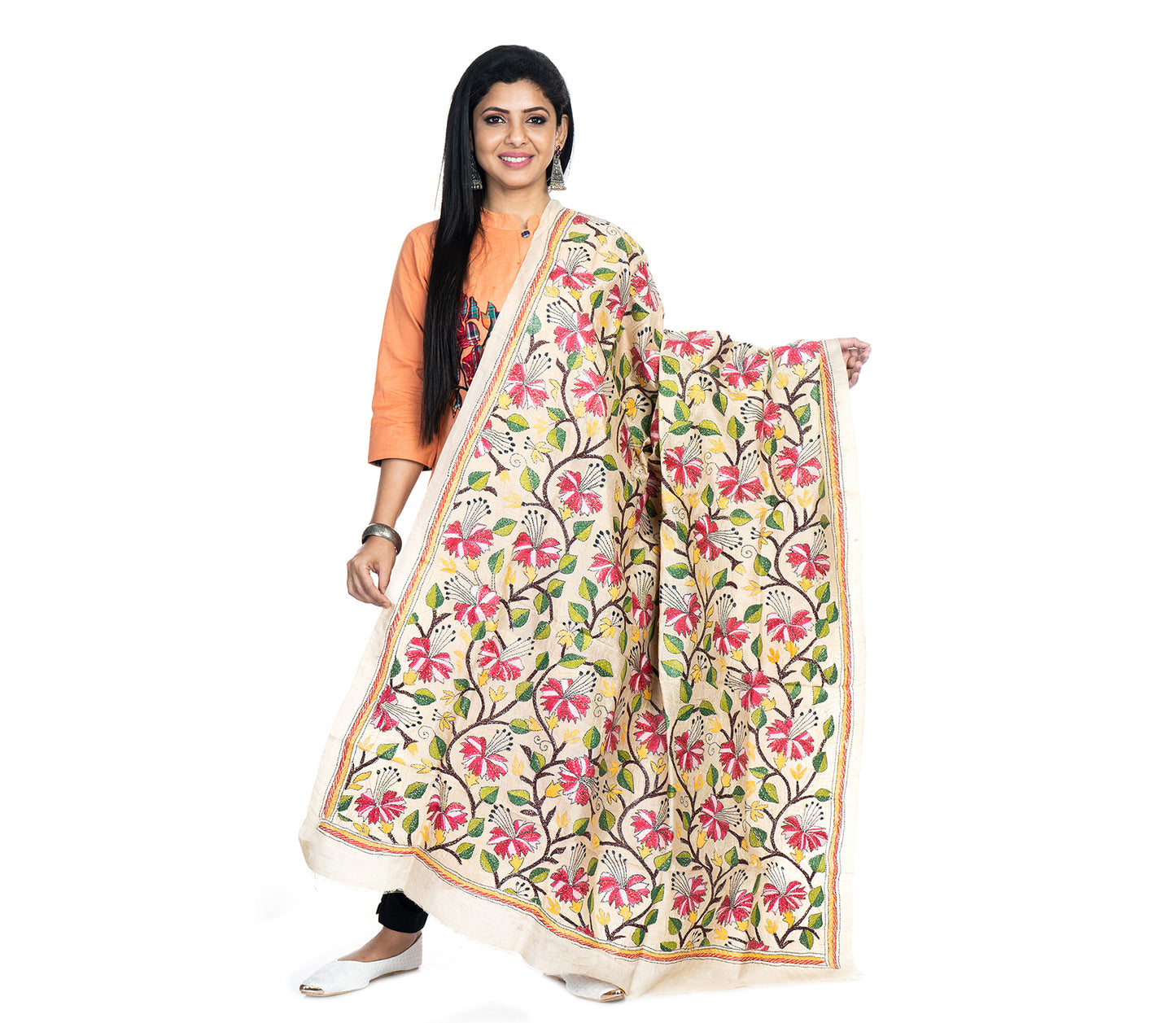 Kantha Stitched Dupatta on Tussar Base - Purple Flowers - ArtisanSoul