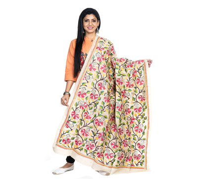Kantha Stitched Dupatta on Tussar Base - Purple Flowers - ArtisanSoul